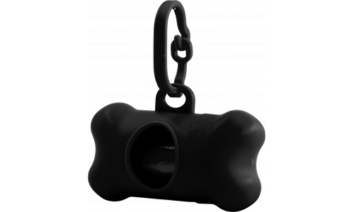 Sort knogleshape hundepose dispenser, praktisk for hundeejere. Nem at fastgøre til liner for hurtig adgang til poser.