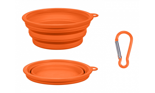 Orange sammenfoldelig hundeskål, 350 ml kapacitet, kompakt og rejsevenlig. Foldbar for nem transport og rengøring.