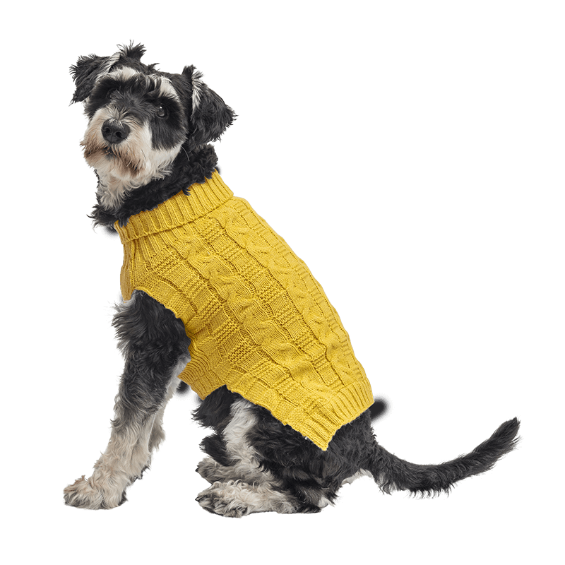 Varm Sweater i Bomuld til Hunde Gul varm bomuldstrøje til hunde med kabelstrikket mønster, ekstra beskyttelse, holder hunde varme i koldt vejr.