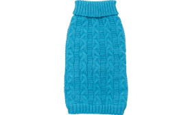 Blå varm bomuldstrøje til hunde med kabelstrikket mønster, ekstra beskyttelse, høj kvalitet bomuldsmateriale.