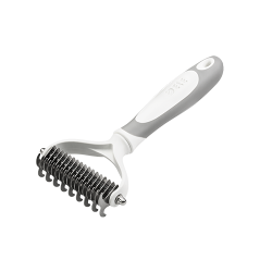 Hvid hundekam med rustfri stålblade og ergonomisk håndtag til at fjerne filtre og reducere fældning.