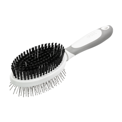 Dobbeltsidet hundebørste med ergonomisk håndtag, med bløde børster på den ene side og metalnåle på den anden til pleje.