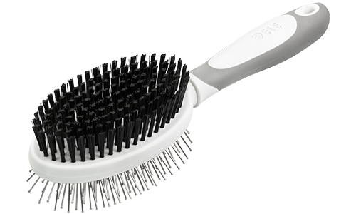 Dobbeltsidet hundebørste Dobbeltsidet hundebørste med ergonomisk håndtag, med bløde børster på den ene side og metalnåle på den anden til pleje.