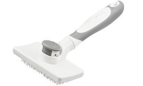 Selvrensende børste til hunde og katte med tilbagetrækkelige børster og knapmekanisme til nem pelsfjernelse.