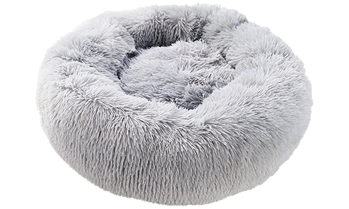 Luksuriøs rund hundeseng i grå, lavet af blødt materiale i høj kvalitet, for eksklusiv komfort og elegant design.