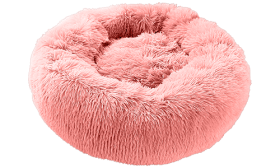 Luksuriøs rund hundeseng i pink, lavet af blødt materiale i høj kvalitet, for eksklusiv komfort og elegant design.