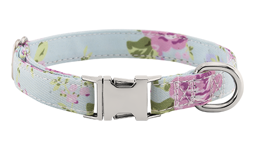 Pastel blomster-mønstret hundehalsbånd med metalspænde til hundens navn, 27-40 cm i længde og 1,5 cm bredt, med D-ring.