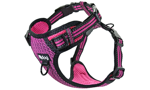 Stilfuldt pink åndbart nylonsele med justerbare stropper og spænde, perfekt pasform og hurtigudløsningsspænder.