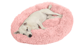 Luksuriøs rund hundeseng i pink, lavet af blødt materiale i høj kvalitet, for ultimativ komfort og støtte.