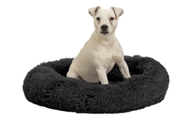 Luksus blød hundeseng Luksuriøs rund hundeseng i mørkegrå, lavet af blødt materiale i høj kvalitet, for ultimativ komfort og støtte.