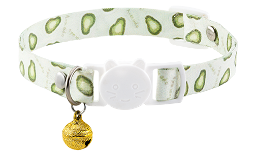 Kattesikker halsbånd med kiwi-design, justerbart og let for komfort, med hvidt spænde og gylden klokke.