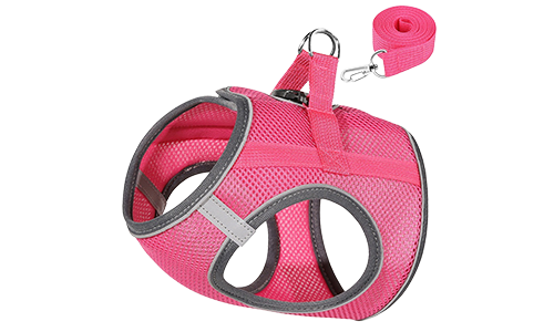 Pink reflekterende katteselevest med matchende line, justerbar og let, 140 cm line, for komfort og synlighed.