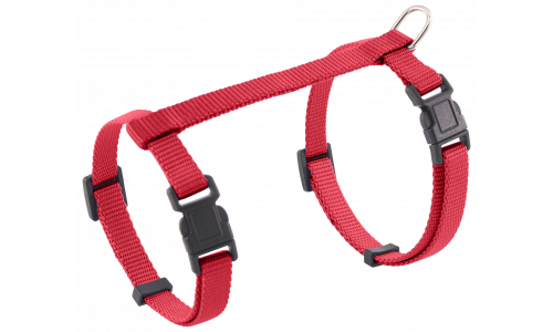 Rød kattesnor med justerbare stropper og robust metal-D-ring til linefastgørelse, for sikker og behagelig brug.