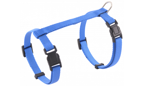 Blå kattesnor med justerbare stropper og robust metal-D-ring til linefastgørelse, for sikker og behagelig brug.