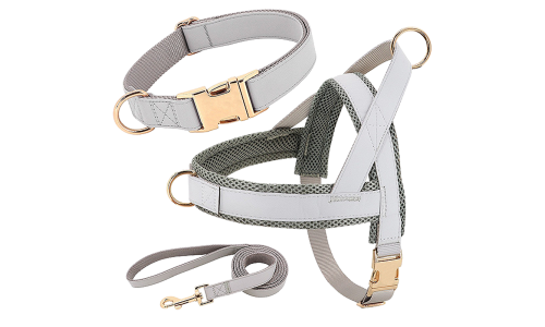 Sølv hundeselerkit med matchende halsbånd og line, letvægts, holdbar og langtidsholdbar, komfortabel og sikker pasform.