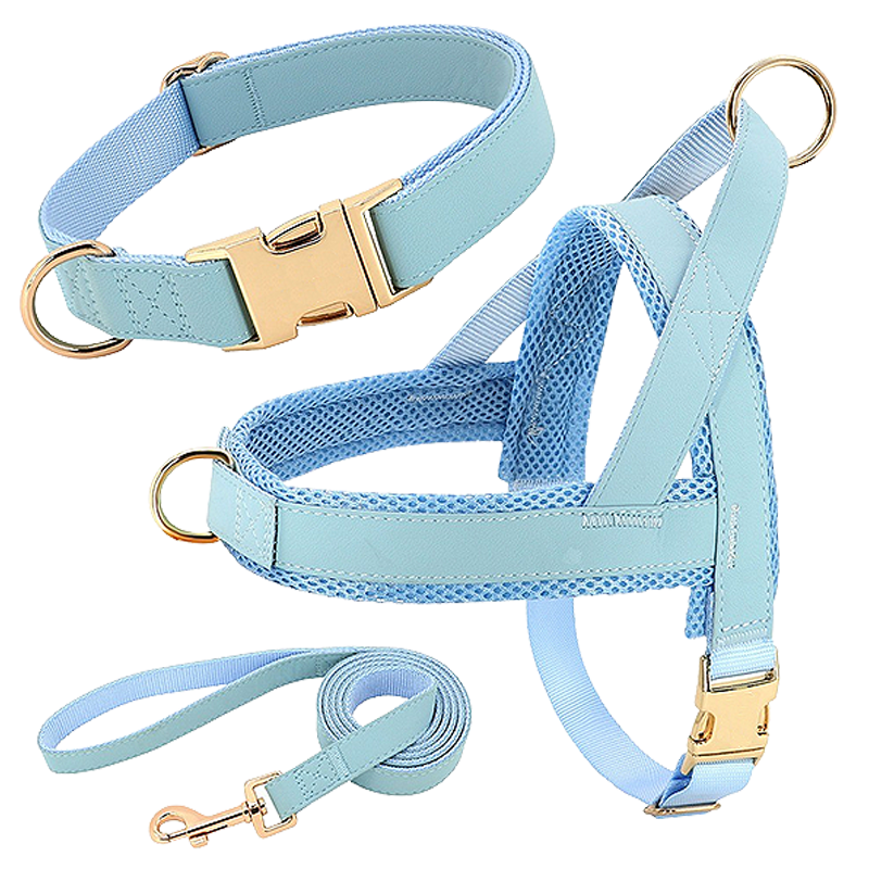 Hundesele med Halsbånd og Snor Lys blå hundeselerkit med matchende halsbånd og line, letvægts, langtidsholdbar, komfortabel og sikker pasform.