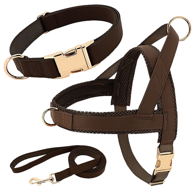 Hundesele med Halsbånd og Snor Brun hundeselerkit med matchende halsbånd og line, letvægts, holdbar og langtidsholdbar, komfortabel og sikker pasform.