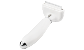 Lille hvid børste til hunde med fine metaltænder og håndtag til at reducere fældning og fjerne løs pels.