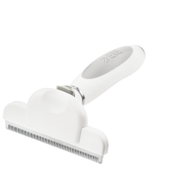 Stor hvid børste til hunde med fine metaltænder og ergonomisk håndtag til at reducere fældning og fjerne løs pels.