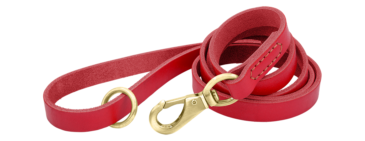 Luksus hundesnor i ægte læder Rød luksuriøs hundeline i ægte læder, 150 cm lang og behagelig, med guldfarvet metalspænde og ring for holdbarhed.