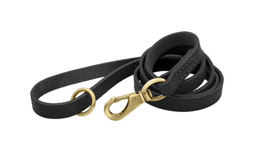 Sort luksuriøs hundeline i ægte læder, 150 cm lang og behagelig, med guldfarvet metalspænde og ring for holdbarhed.