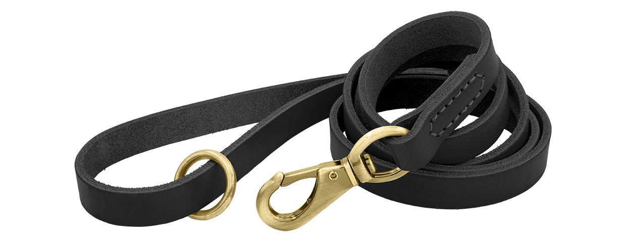 Luksus hundesnor i ægte læder Sort luksuriøs hundeline i ægte læder, 150 cm lang og behagelig, med guldfarvet metalspænde og ring for holdbarhed.