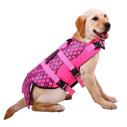 Havfrue-tema redningsvest til hunde i pink med skælmønster, til opdrift. Velegnet til forskellige hundetyper.