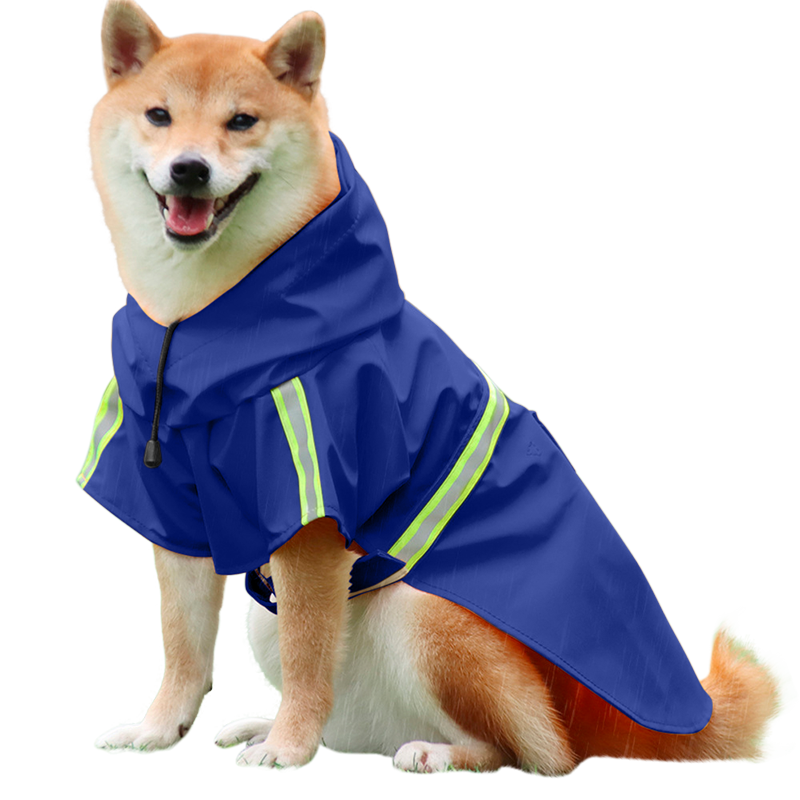 Vandtæt Hunderegnfrakke med Reflekterende Stribe Shiba Inu i en vandtæt blå regnjakke med reflekser, nemme stropper til på- og afklædning, perfekt til regnvejrsture.