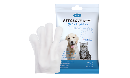 Pakke med allergivenlige kæledyrshandsker til hunde og katte, 6 styk pr. pakke, til skånsom rengøring og deodorisering.