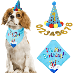 Blåt fødselsdagssæt til hunde med en farverig 'It's My Birthday!' bandana, blød og holdbar.