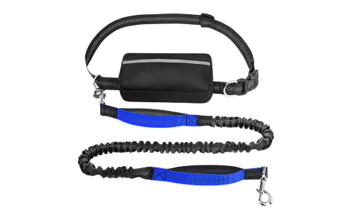 Blå hands-free hundeline med justerbart taljebælte og opbevaringslomme, forlænges fra 27 til 48 tommer, til sikker løb.