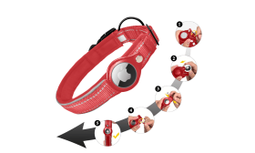 Reflekterende rødt hundehalsbånd med Airtag-holder, justerbart, let nylon, komfortable og robuste materialer.