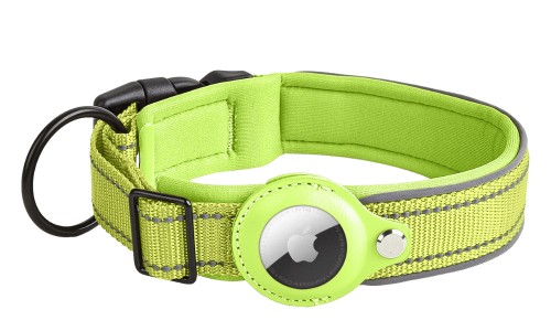 Reflekterende grønt hundehalsbånd med Airtag-holder, justerbart, let nylon, til hunde tracking og synlighed.