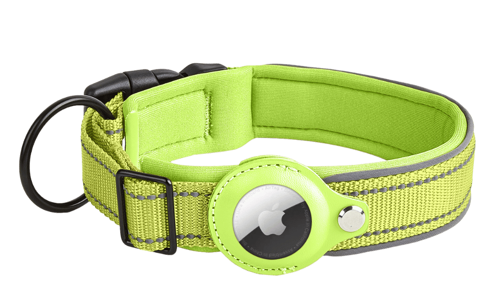 Reflekterende Hundehalsbånd til Airtag Reflekterende grønt hundehalsbånd med Airtag-holder, justerbart, let nylon, til hunde tracking og synlighed.
