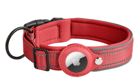 Reflekterende rødt hundehalsbånd med Airtag-holder, justerbart, let nylon, til hunde tracking og synlighed.