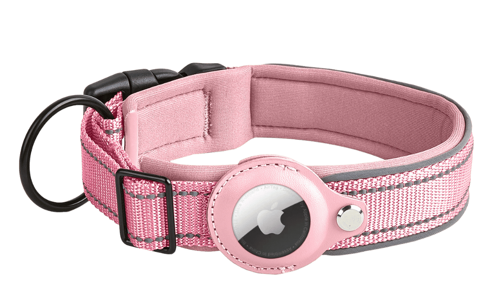 Reflekterende Hundehalsbånd til Airtag Reflekterende lyserødt hundehalsbånd med Airtag-holder, justerbart, let nylon, til hunde tracking og synlighed.