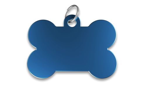 Blåt hundetegn formet som et ben med glat finish og sølvring, tilpasset med indgraveret hundenavn.