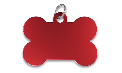 Rødt hundetegn formet som et ben med glat finish og sølvring, tilpasset med indgraveret hundenavn.