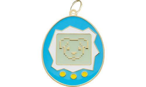 Tamagotchi retro hundetegn med pixeliseret hundeansigt og gule knapper, guldring, til hunde ID-tegn med charme.