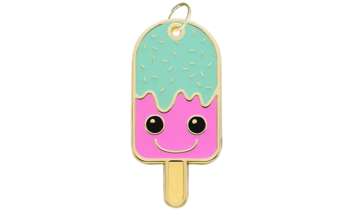Popsicle-formet hundetegn med et smilende ansigt, pink og mintgrønne farver, guldring, tilpasset med hundens navn.