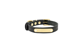 Luksuriøst hundehalsbånd i sort ægte læder med indbygget guldfarvet ID-plade, 34-37 cm langt og 1,5 cm bredt.