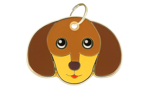 Indgraveret hundetegn formet som Dachshund-ansigt, med et smilende udtryk og guldramme, designet til hunde ID-tegn. 