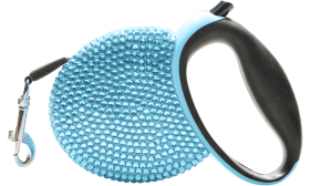 Blåt luksus hundeline dækket med glitrende blå rhinsten, sort håndtag, udtrækkes op til 3 meter.