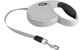 Grå udtrækkelig hundeline med ergonomisk sort håndtag, blødt greb, komfortabelt og behageligt greb.