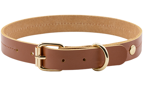High-end ægte læder hundehalsbånd i tan brun, 43-53 cm længde og 3,2 cm bredde, med guld spænde og D-ring for holdbarhed.