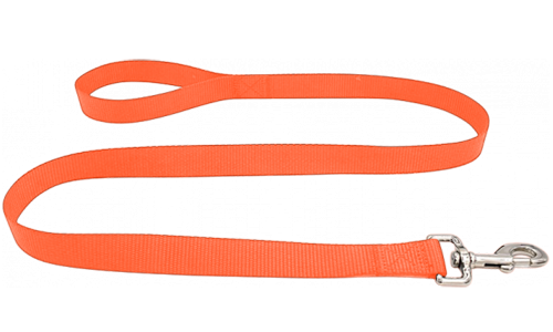 Holdbar orange nylon hundeline 120 cm, nem at rengøre, slidstærkt materiale og sikker med en sølvring.