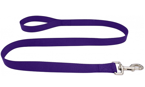 Holdbar lilla nylon hundeline 120 cm, nem at rengøre, slidstærkt materiale og sikker med en fast sølvlås.